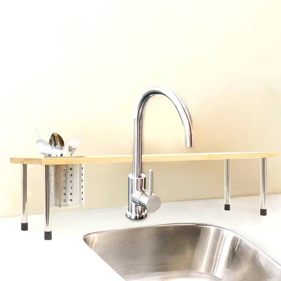 New-Bamboo Kitchen Sink Helper Shelf with Removable stainless utensil cubby - Picture 7 of 11